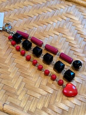 Red, Magenta, and Black Beaded Heart Purse Charm Key Chain Bag Charm NWT -